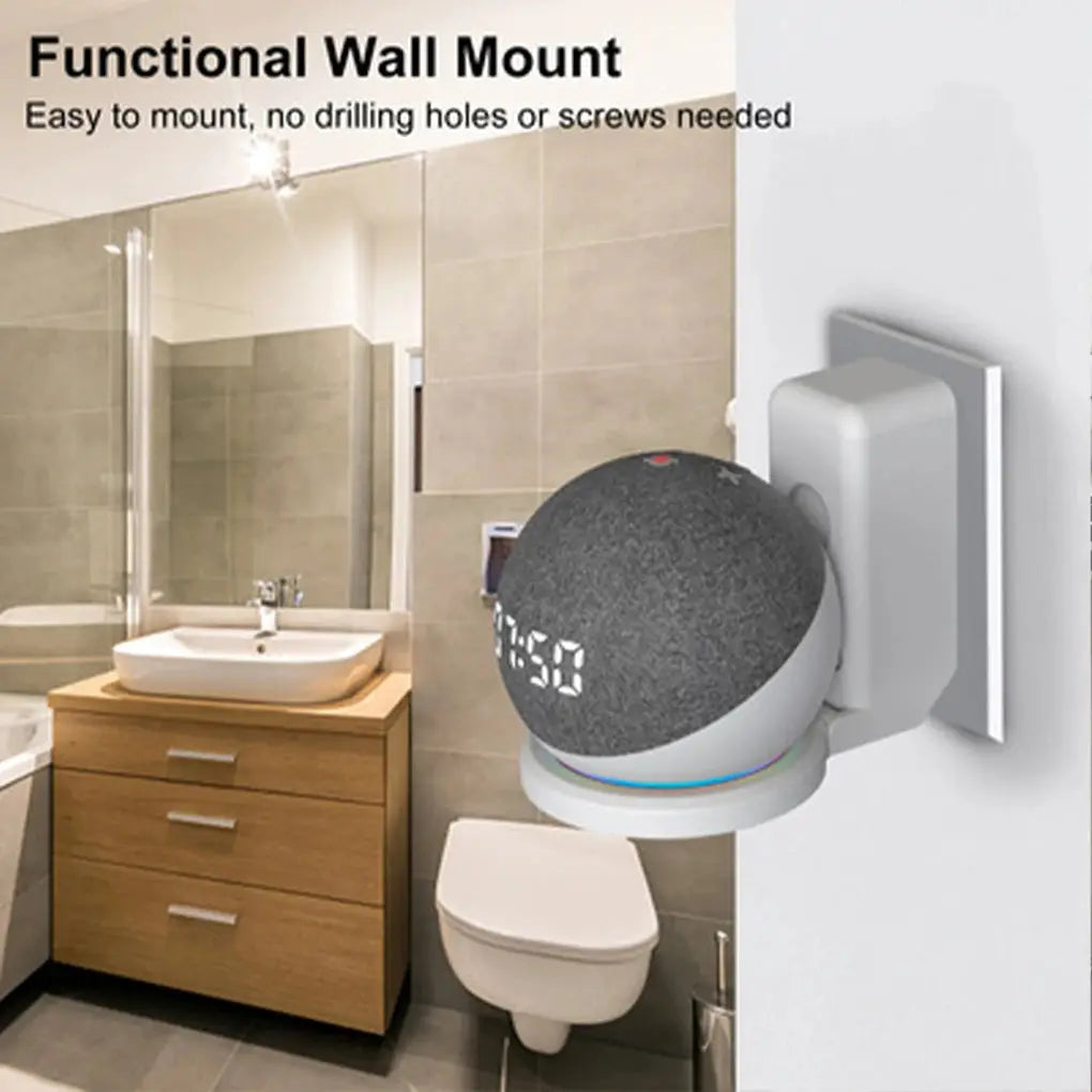 Simples Market Echo Dot wall mount bracket with cord management; white wall mount holding a gray spherical speaker.