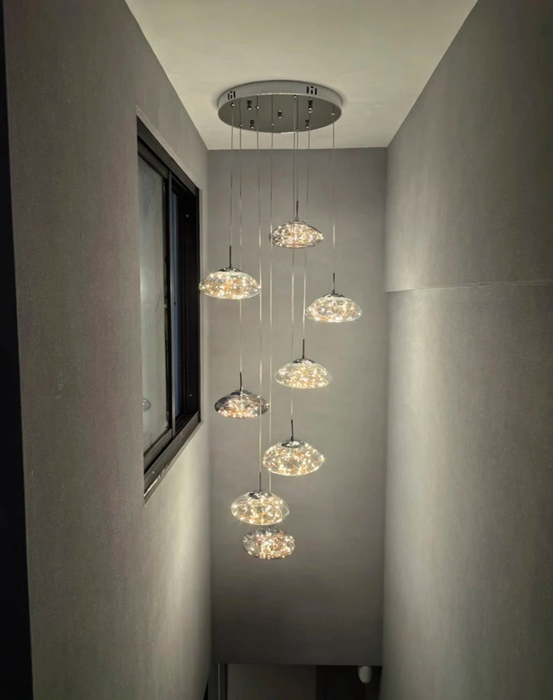 Pendant lights: eight hanging glass-dome pendants for dining room with warm LED glow