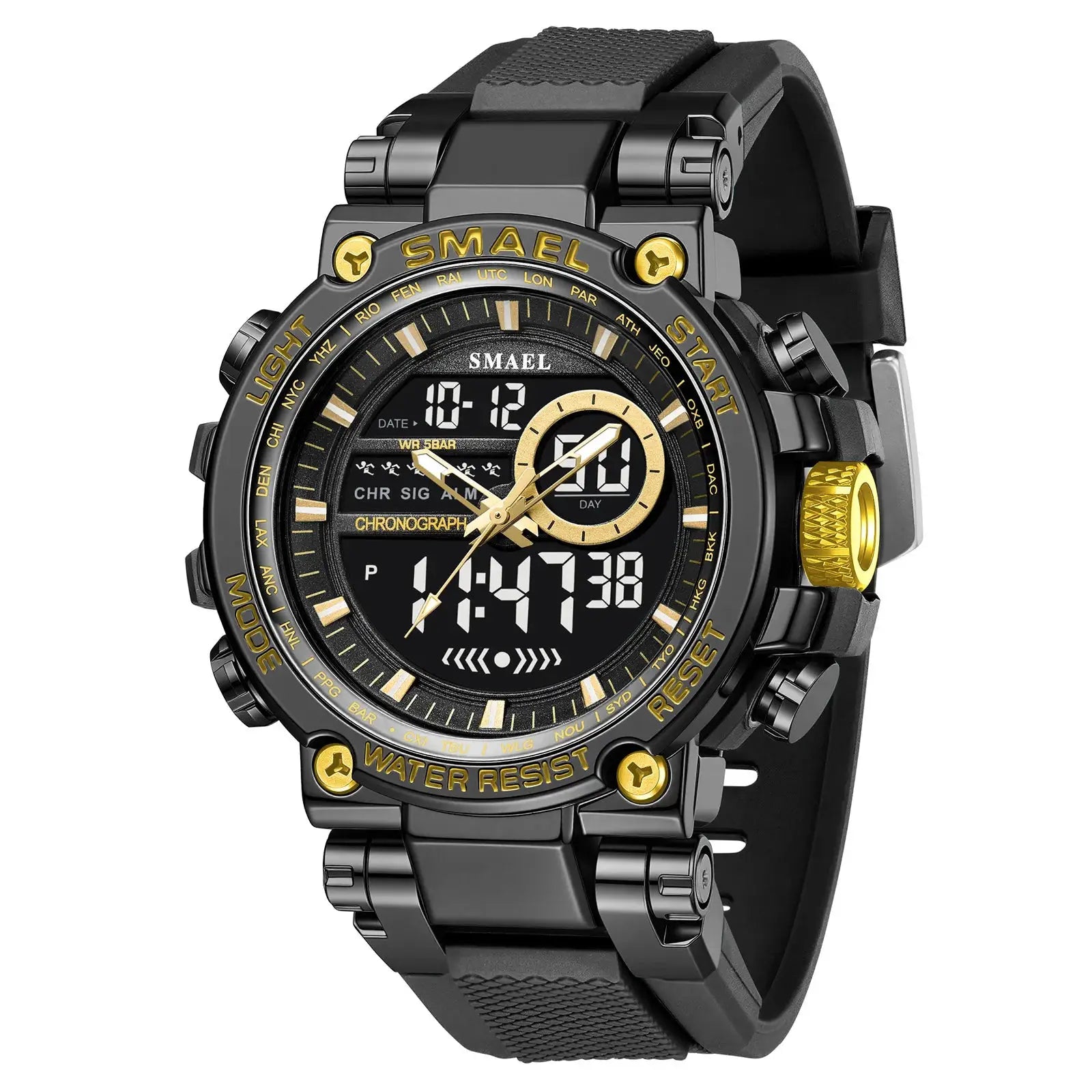 SMAEL 8141 men's digital sport watch with alloy case and black TPU strap, gold-tone bezel, 50m water resistant.