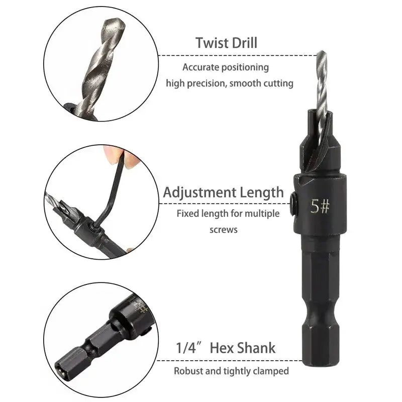 5 Piece Woodworking Taper Hex Shank Countersunk Drill Bit Set For Flush Screw Heads