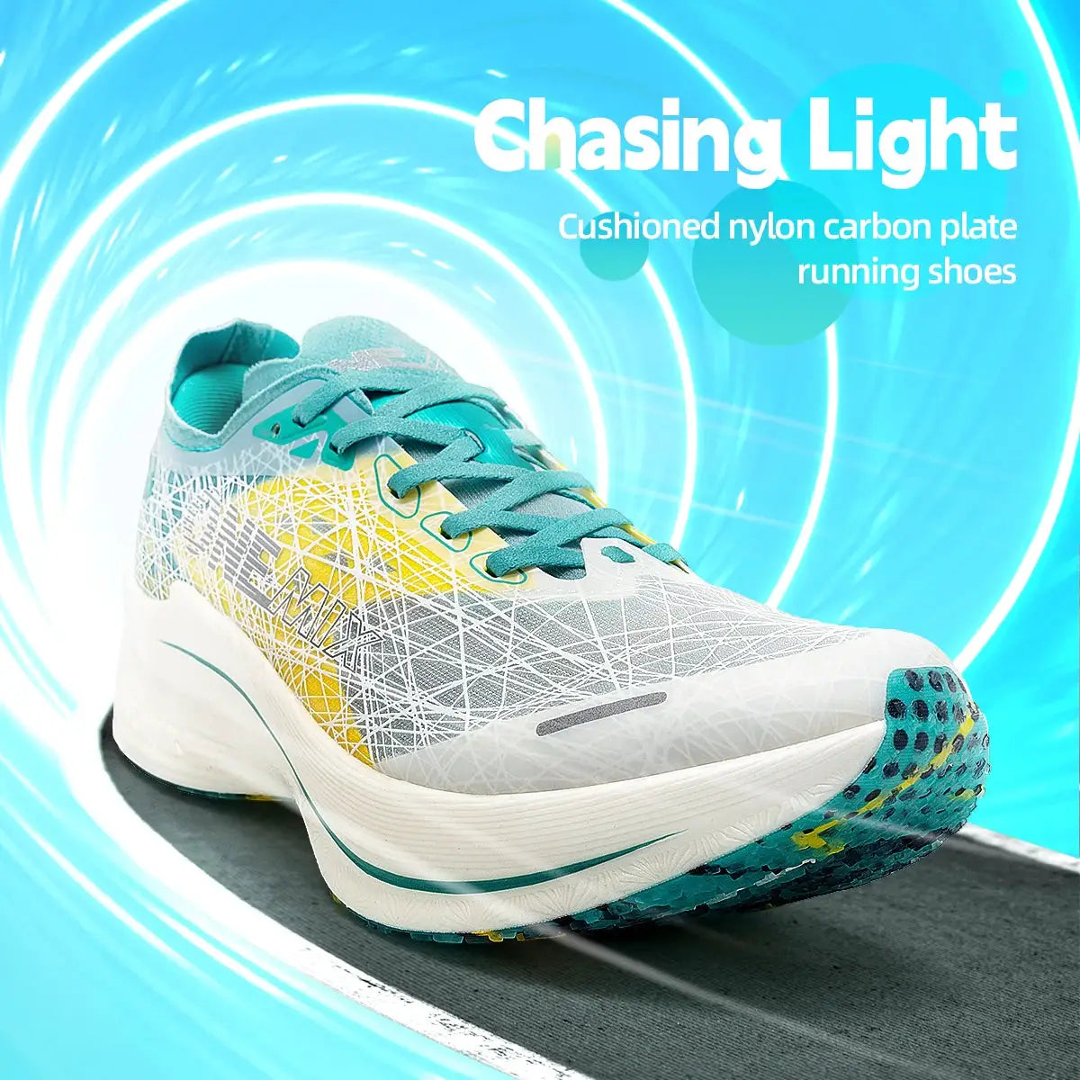 ONEMIX Marathon carbon plate running shoes with turquoise laces, white upper and teal accents