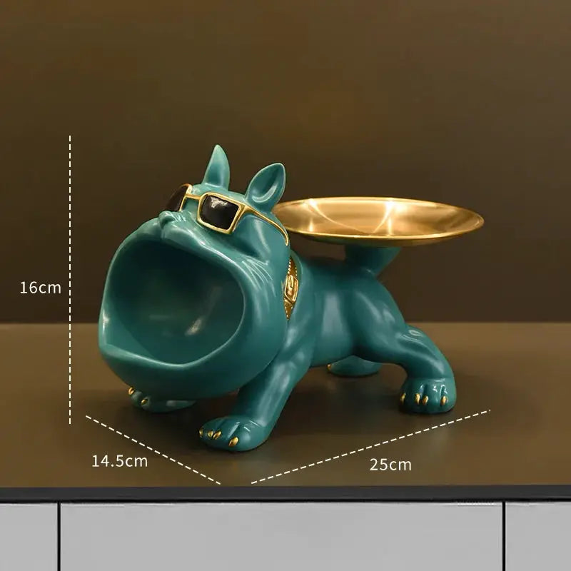 Resin bulldog statue with back storage tray, teal with gold accents and sunglasses, home decor
