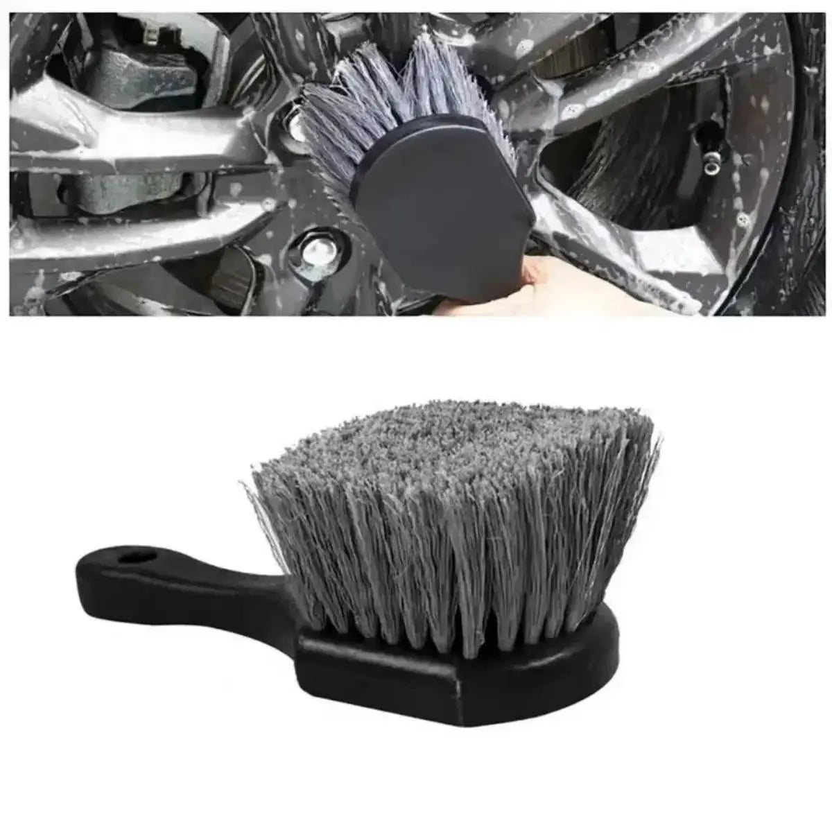 Car wheel cleaning brush with short black handle and dense grey bristles for rims and tires