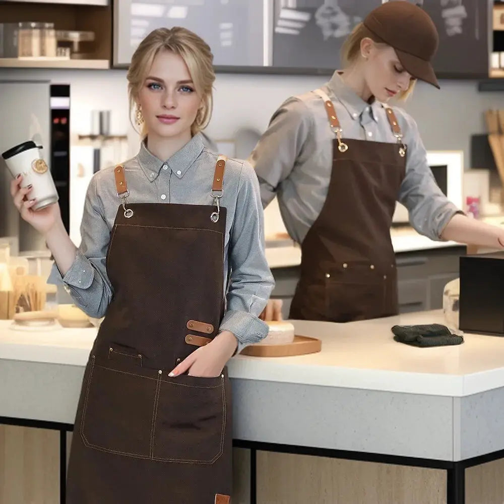 Waterproof kitchen apron by Simples Market with pockets, brown fabric and leather straps worn by two models
