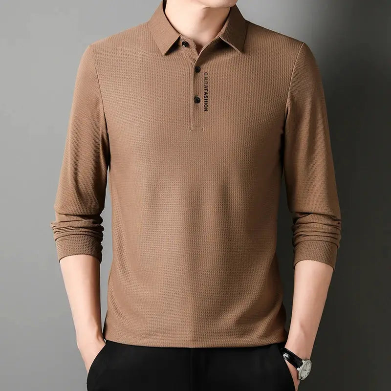 Men's waffle-knit long-sleeve polo shirt in brown with button placket and letter-printed detail, Simples Market