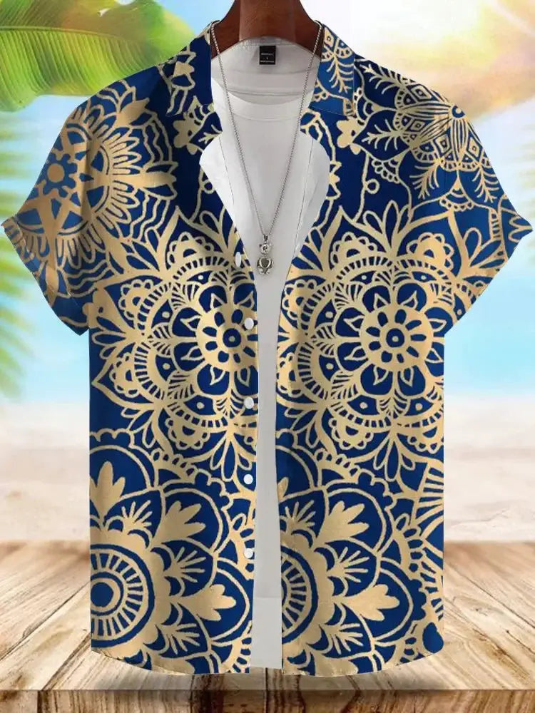 Men's Seaside Hawaiian shirt in blue with beige mandala pattern, Simples Market