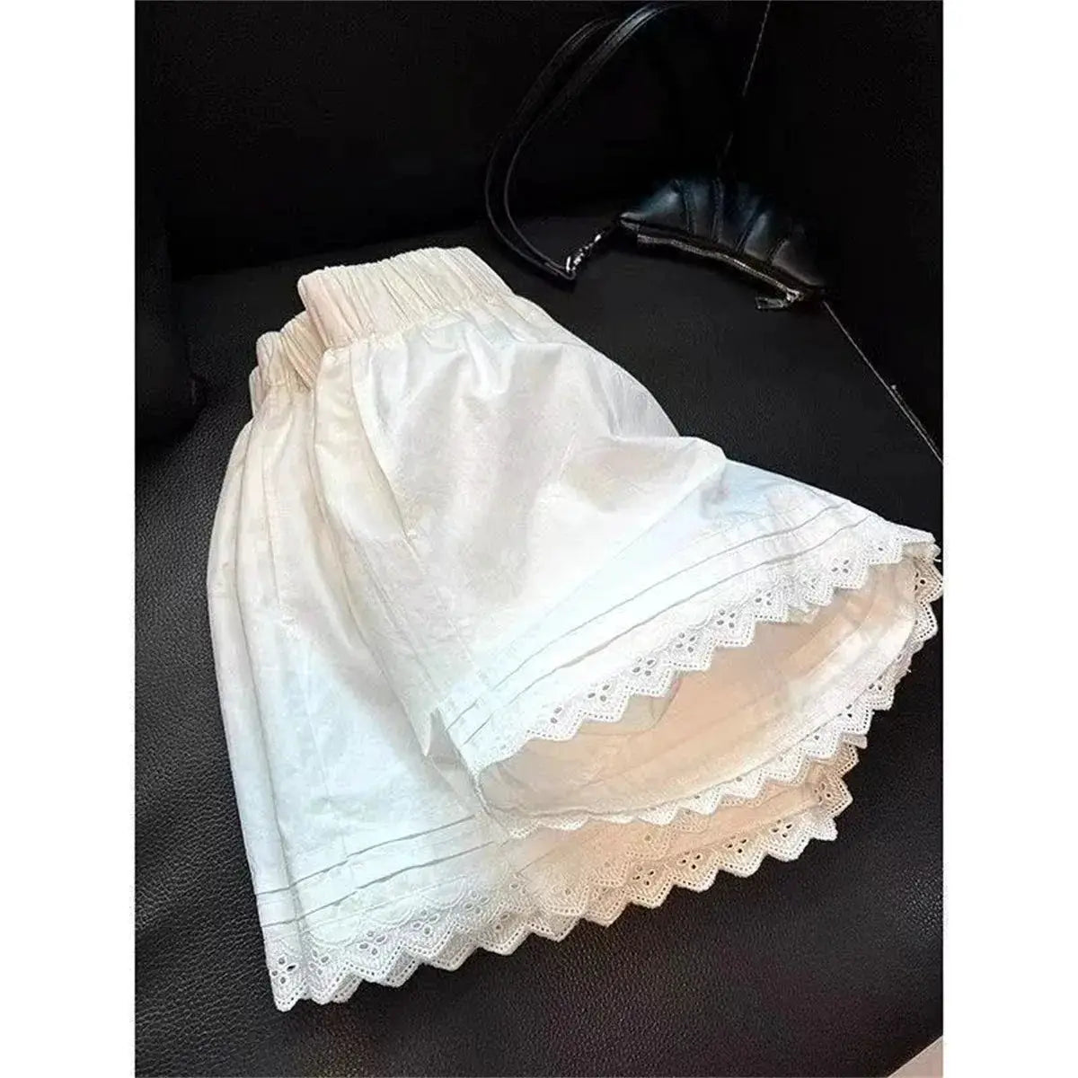 White lace-trim patchwork shorts for women, high-waisted with elastic waistband and lace-hem trim