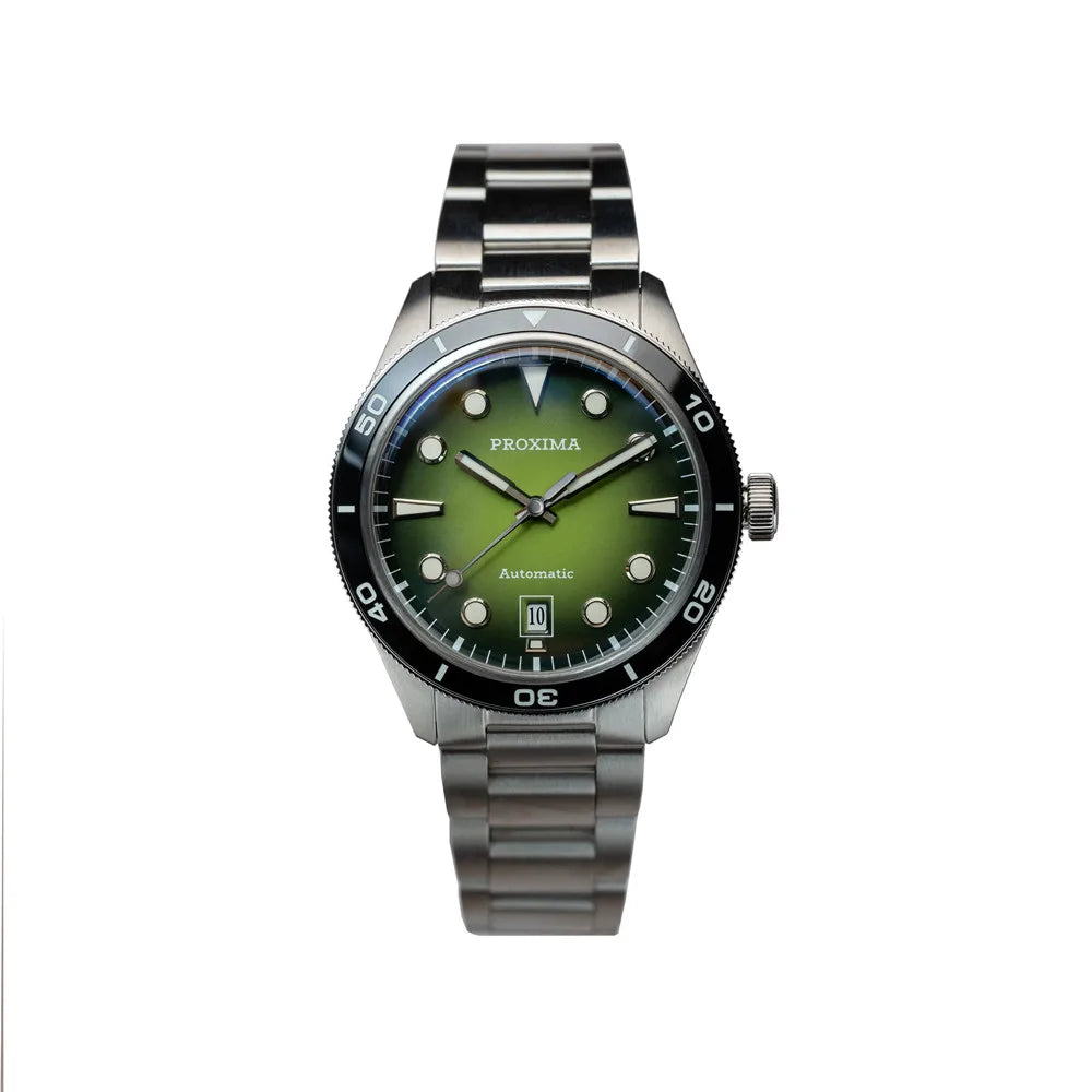 Proxima PX1697 stainless steel men's watch with green enamel dial and stainless bracelet, automatic movement