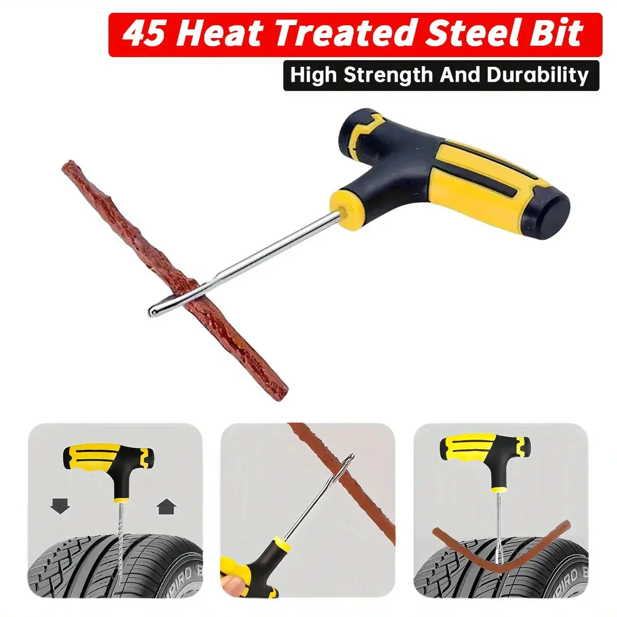 Emergency tire repair kit by Simples Market; yellow and black manual plug tool with repair strip