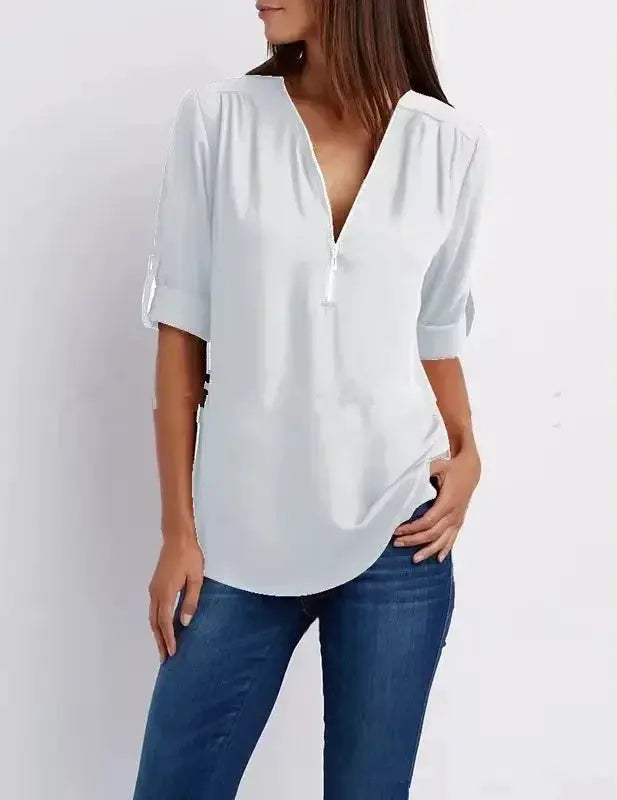 Chiffon blouse, white; deep V-neck with front zipper, loose-fit women’s top