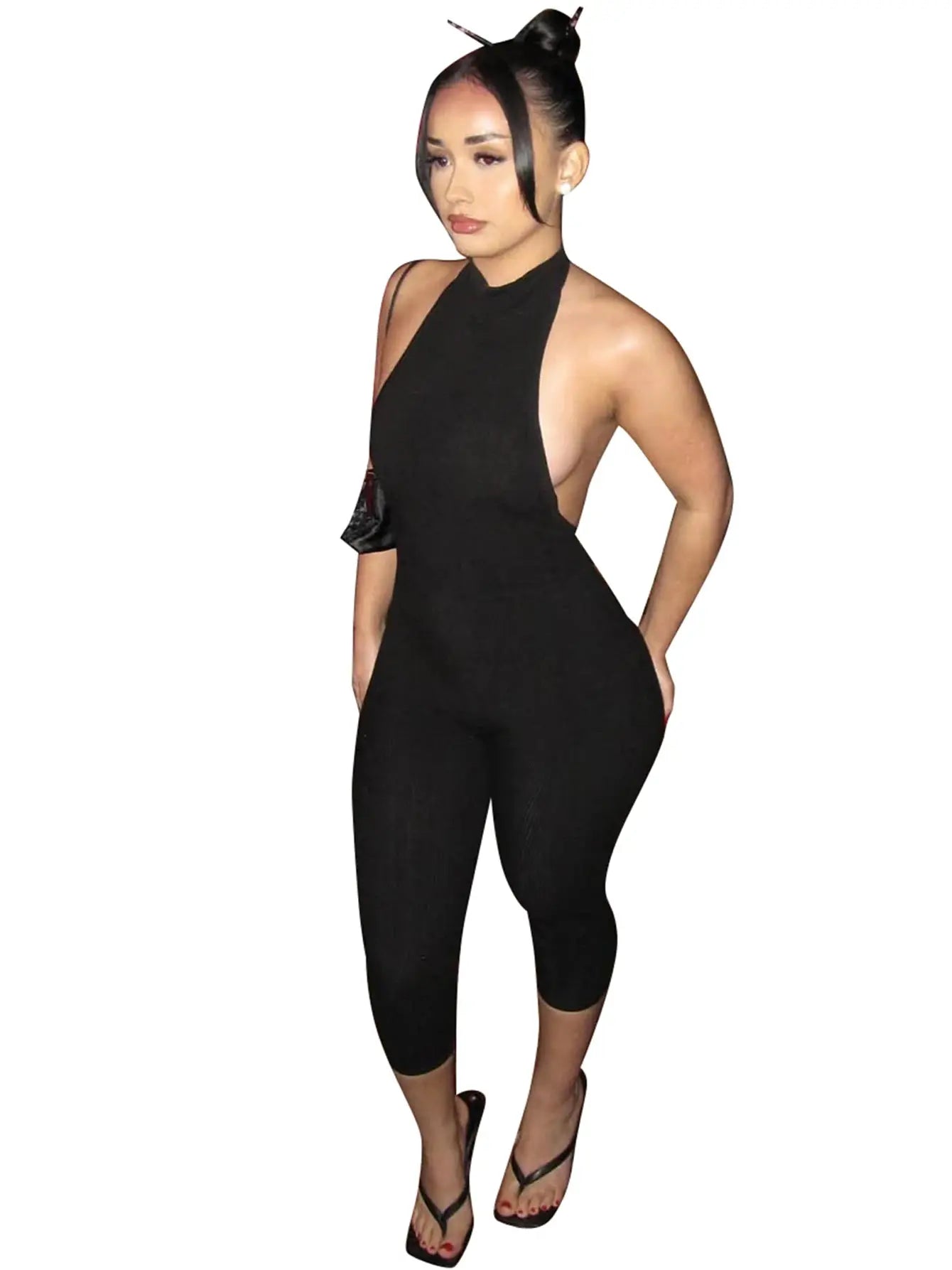 Simples Market Hugcitar ribbed halter backless black bodycon jumpsuit