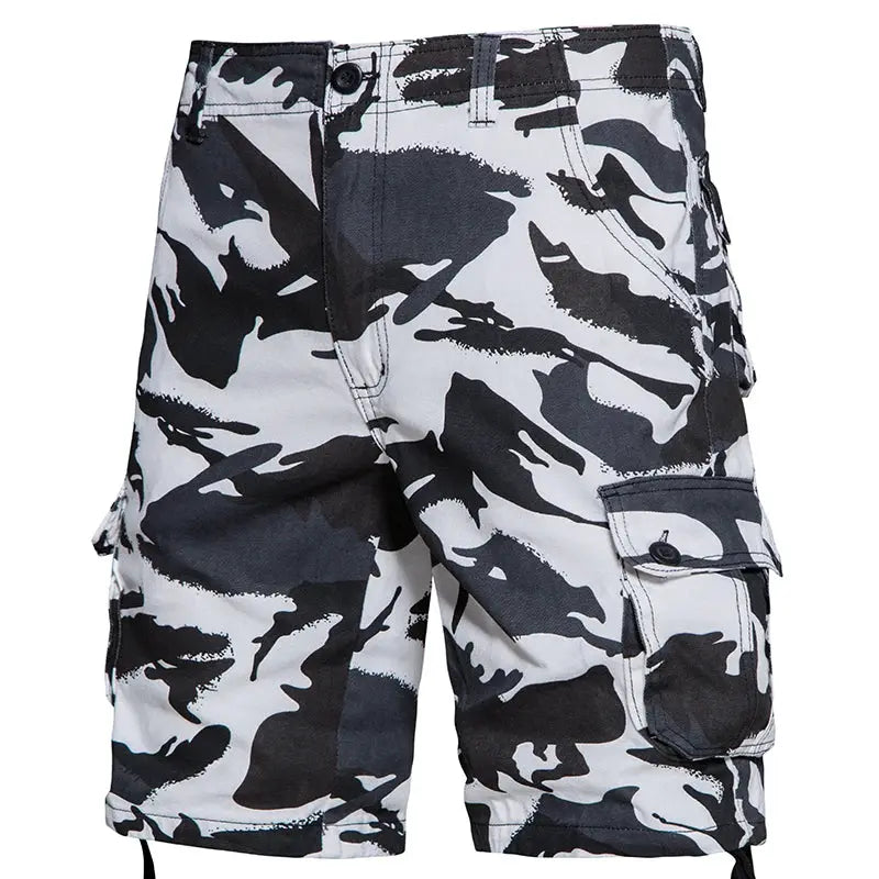 Mens camo cargo shorts, gray/black camouflage, cotton, side pockets, casual outdoor shorts