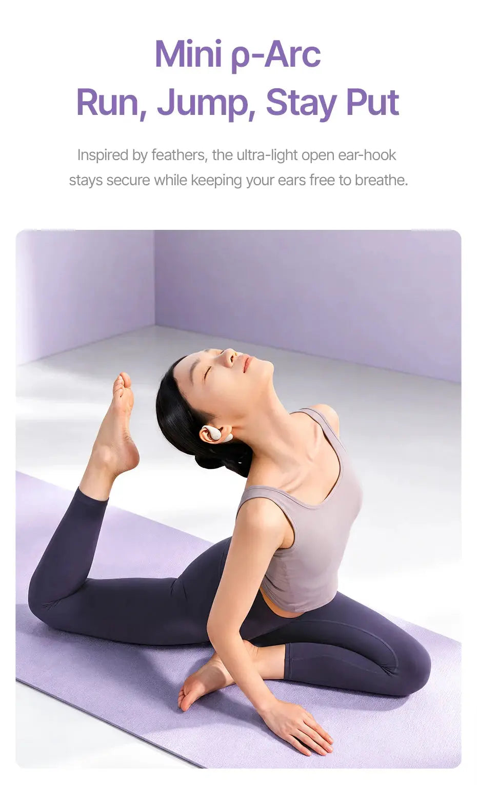 Baseus BF1 Lite open-ear wireless earphones (white) worn by a woman during yoga on a purple mat.