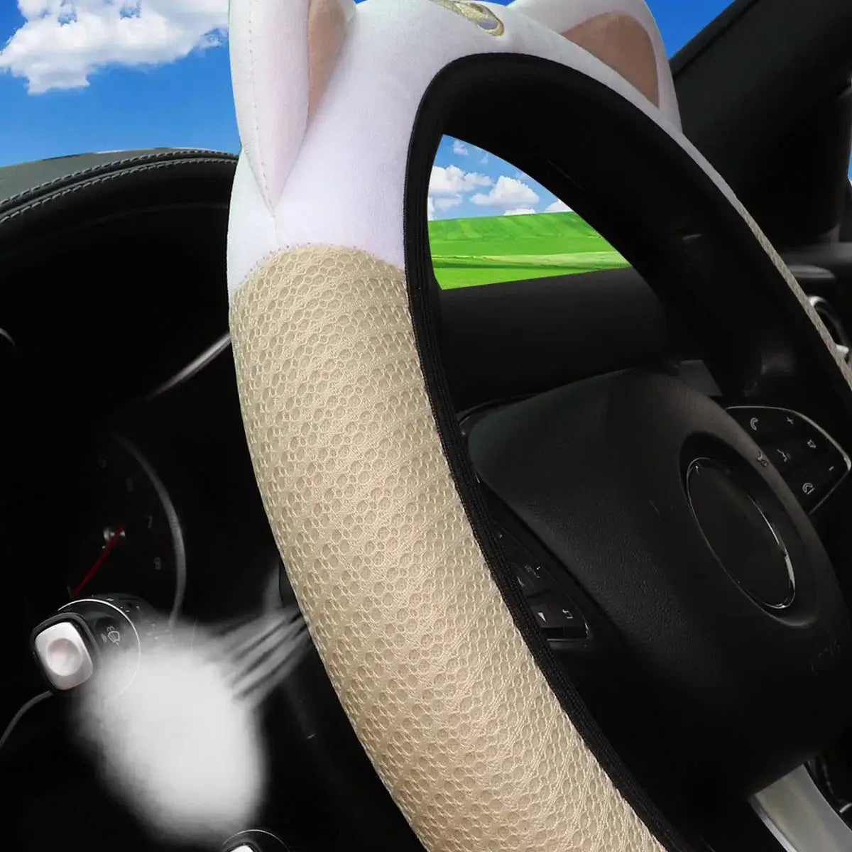 Steering wheel cover beige breathable mesh with kitten design for 14.5–15 inch steering wheels
