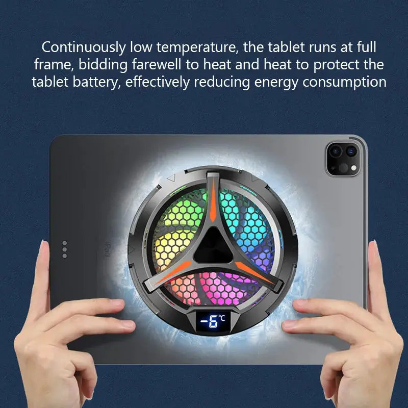 X42 magnetic tablet cooling fan on back with circular RGB ring and -5°C display