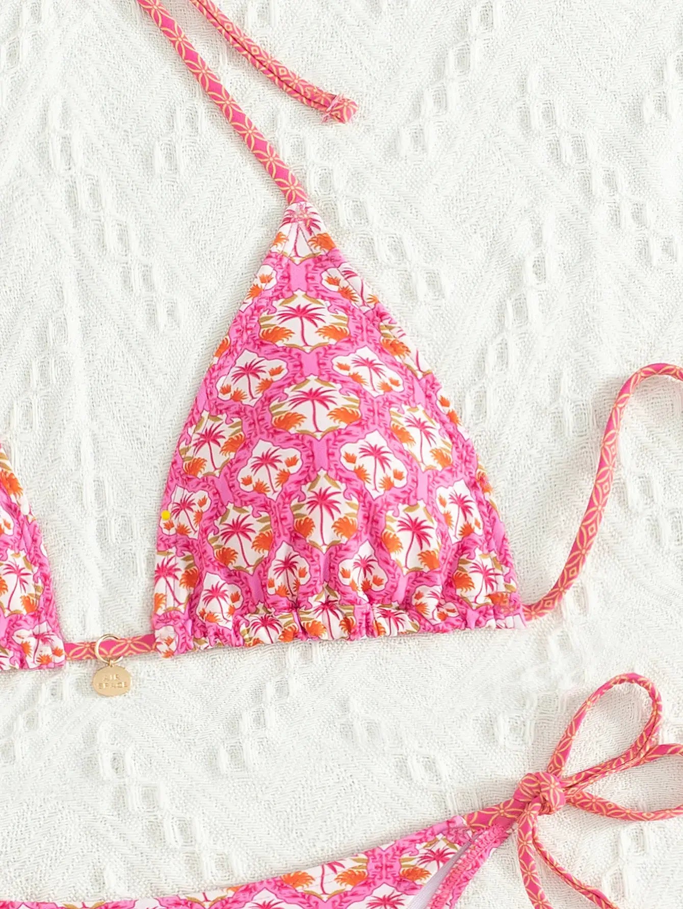 Two-piece pink floral palm-print triangle bikini set with push-up top and Brazilian bottoms, Simples Market