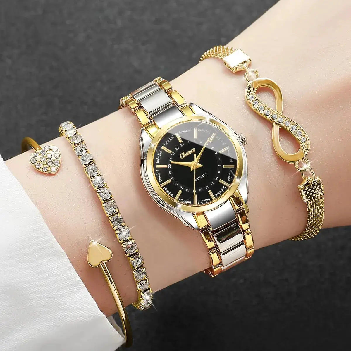 4-piece women's watch and bracelet set in gold-silver tones with black dial and analog quartz
