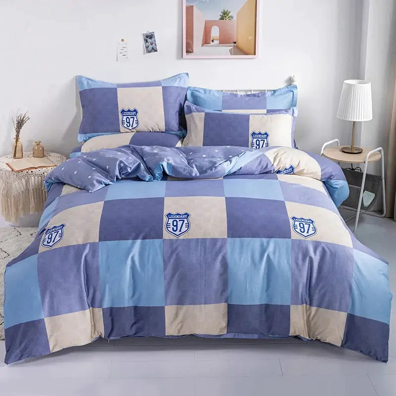 3pc cotton duvet cover set with blue beige checkerboard pattern and 2 pillowcases