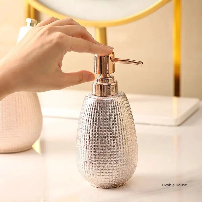 Rose gold ceramic bathroom soap dispenser with textured grid finish