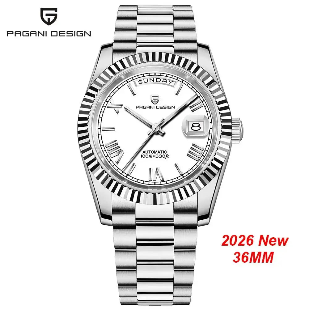 Pagani Design men's automatic watch, white dial with day/date window, AR sapphire.