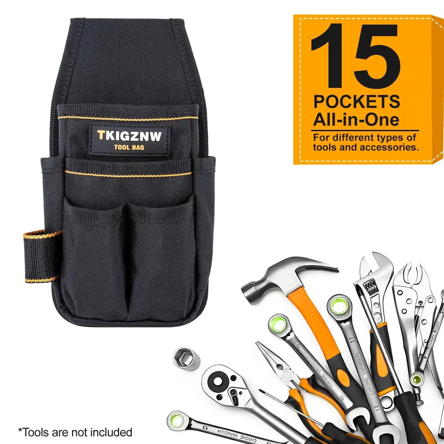 TKIGZNW pocket tool pouch, black nylon with orange stitching, 6 pockets and 9 screwdriver loops, adjustable belt.