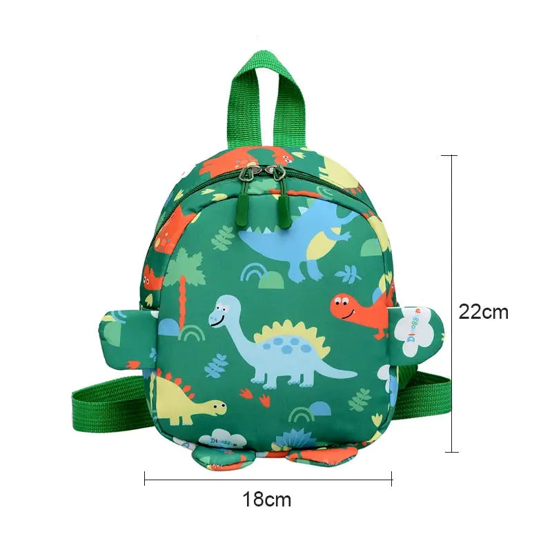Kids dinosaur backpack in green with cartoon dinosaurs, small 18x22 cm school bag