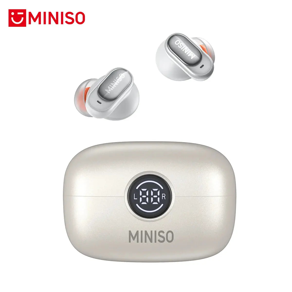 MINISO MS105 Bluetooth wireless in-ear earphones with beige charging case and orange silicone tips IPX5 waterproof