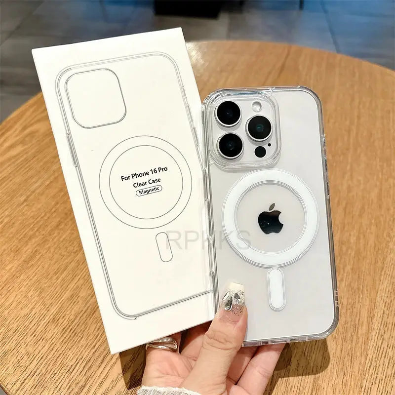 Simples Market clear MagSafe phone case for iPhone 16 Pro, transparent with circular MagSafe ring, shown with packaging