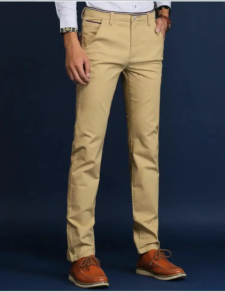 Men's khaki cotton slim-fit casual office pants in beige.