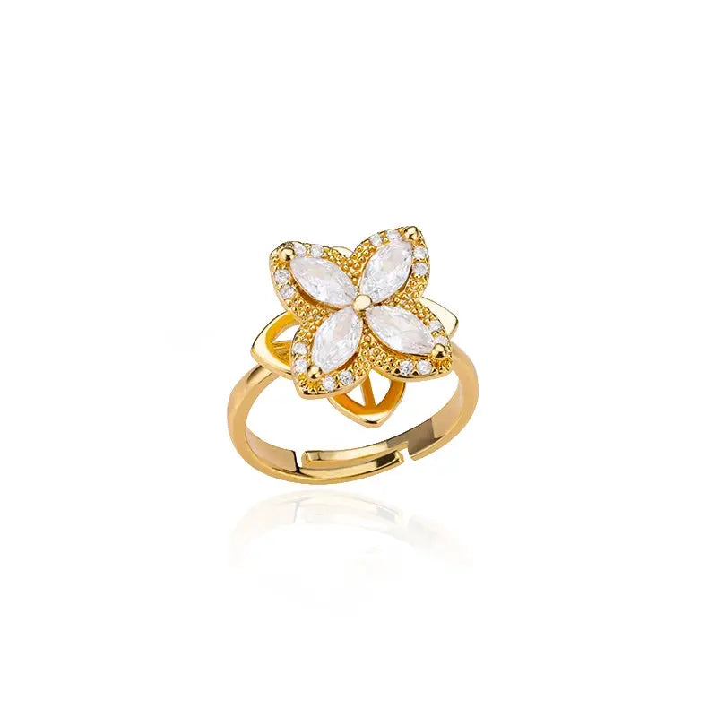 Spinner Zircon Heart Four Leaf Clover Ring For Women Stainless Steel Anti Stress Fidget Jewelry Christmas Gift