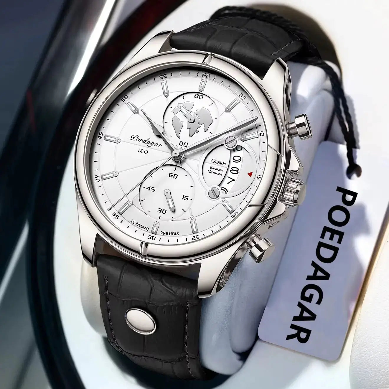 POEDAGAR luxury men's wristwatch with white dial, silver case, black leather strap, chronograph and date