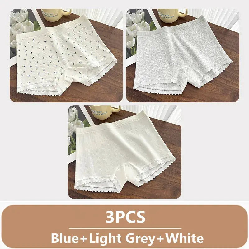 3PCS women's underwear set in blue, light grey, and white with mid-rise lace-trim boxer shorts