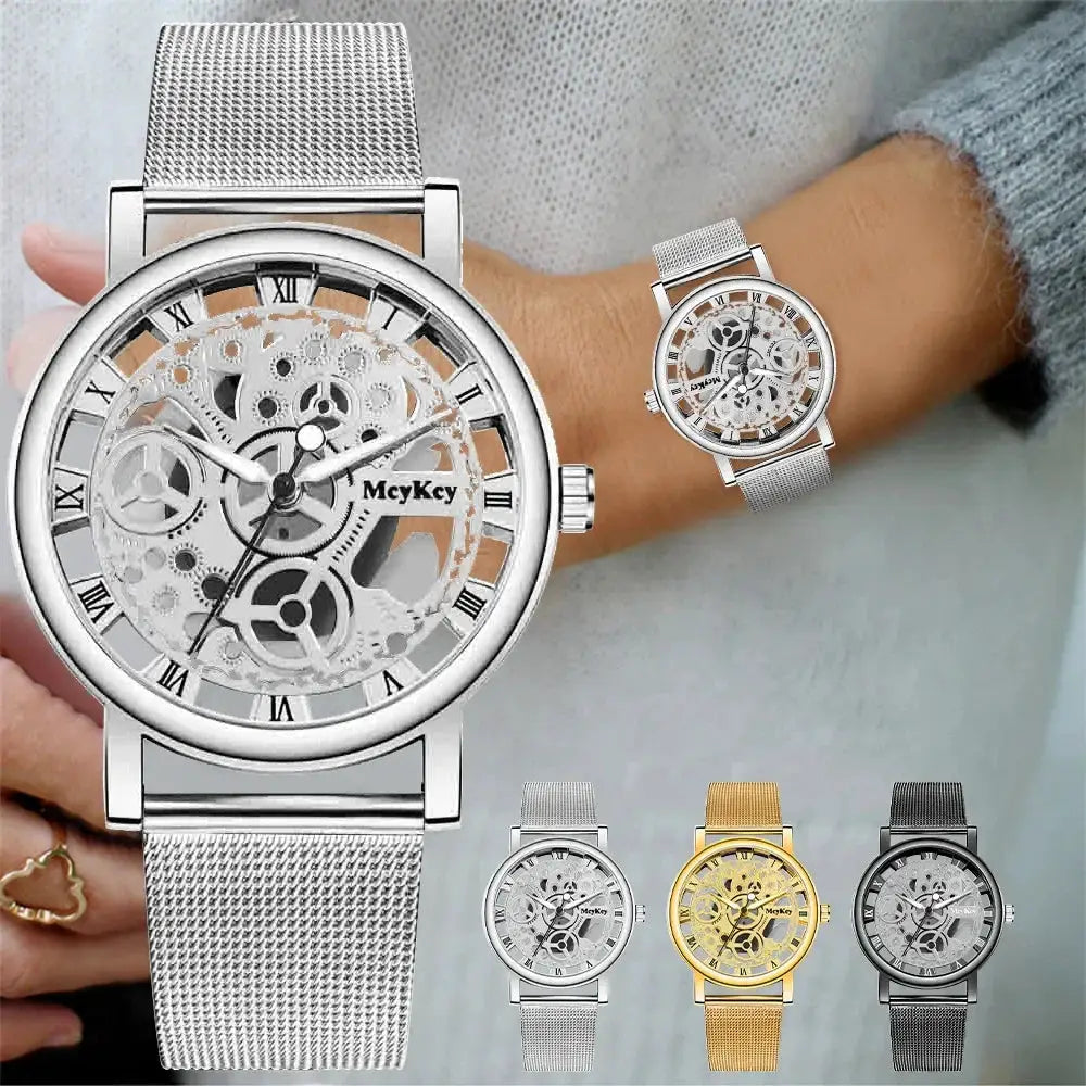 MeyKey hollow skeleton mesh watch for women with Roman numerals and exposed gears; 4 color options