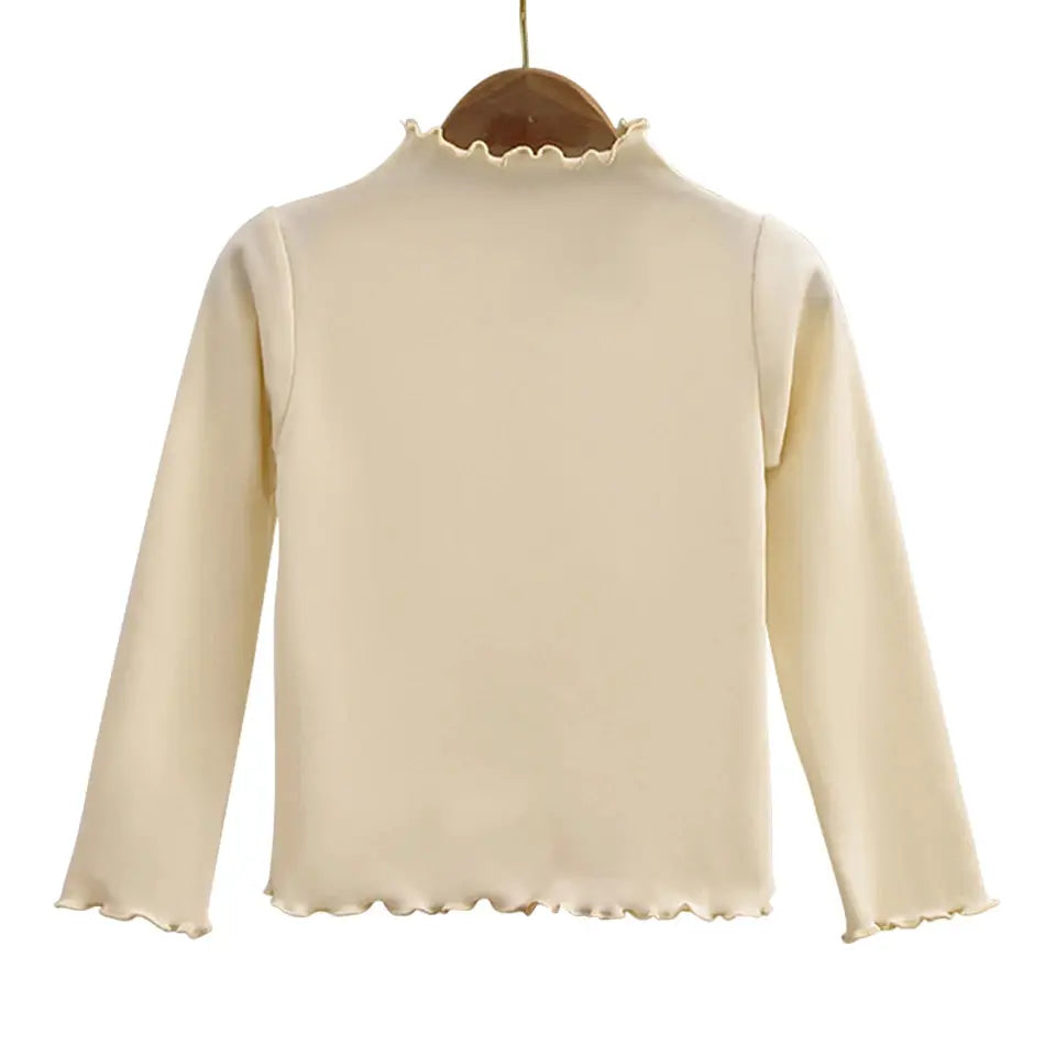 Autumn Winter Girls Long Sleeve Solid Color T Shirt With Ruffle Collar Fashionable Comfortable Everyday Wear