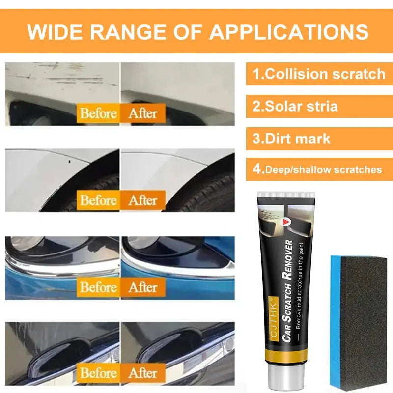 Car scratch remover kit with black tube and blue sponge, showing before/after car paint repair images