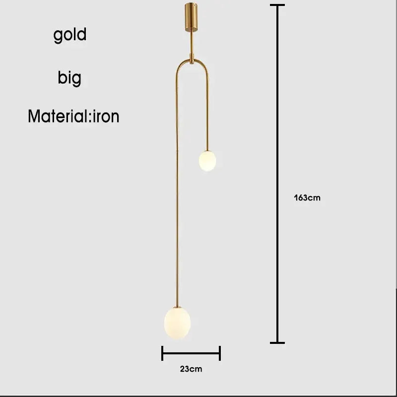 Nordic minimalist chandelier in gold iron with dual globe bulbs; 163 cm tall, 23 cm wide