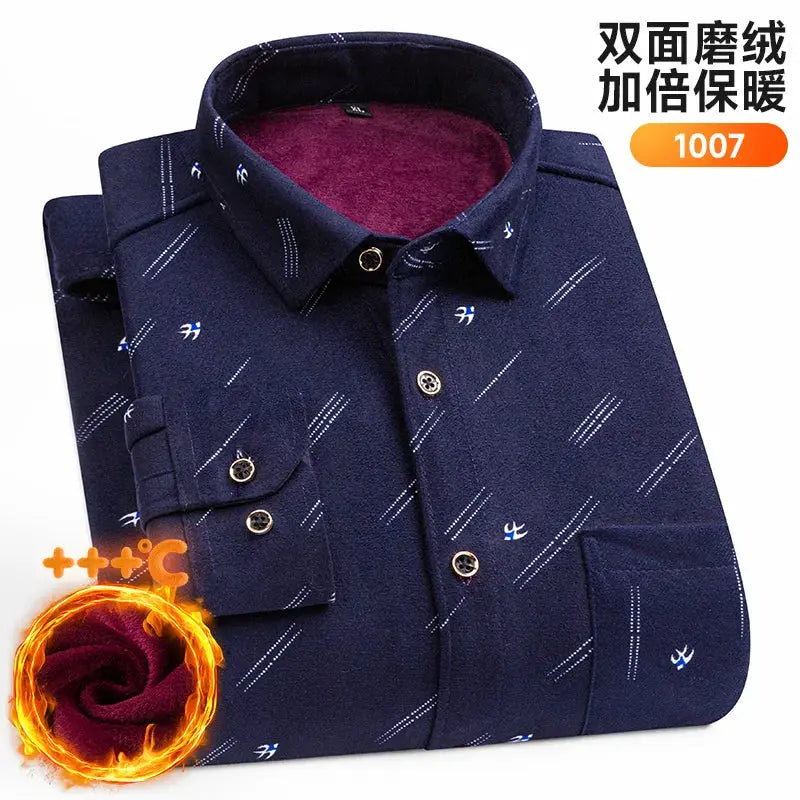 Men's navy long-sleeve shirt with burgundy fleece lining and diagonal white stitch pattern