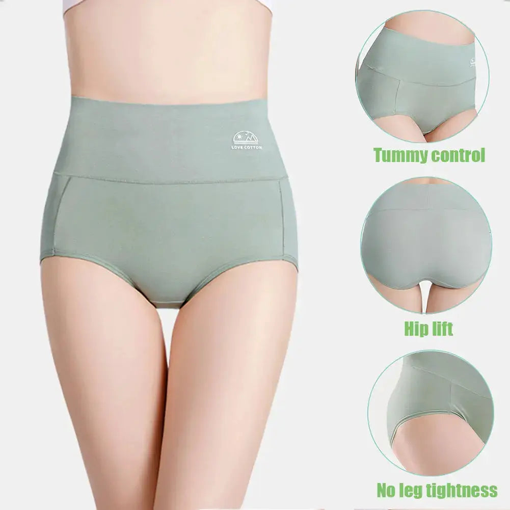Simples Market 5-pack women's cotton high-waisted underwear in sage green with tummy control and hip lift.