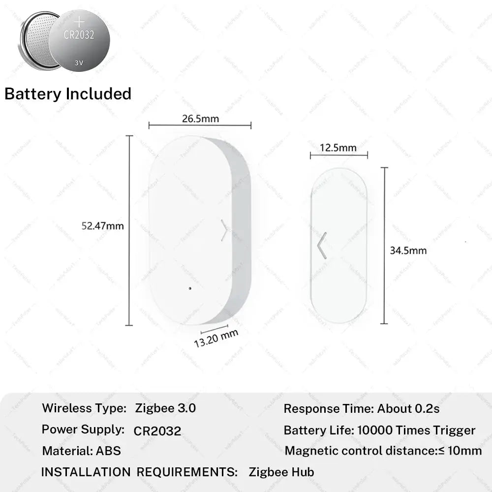 Zigbee 3.0 door window sensor, two-piece contact sensor with battery included for smart home setups.