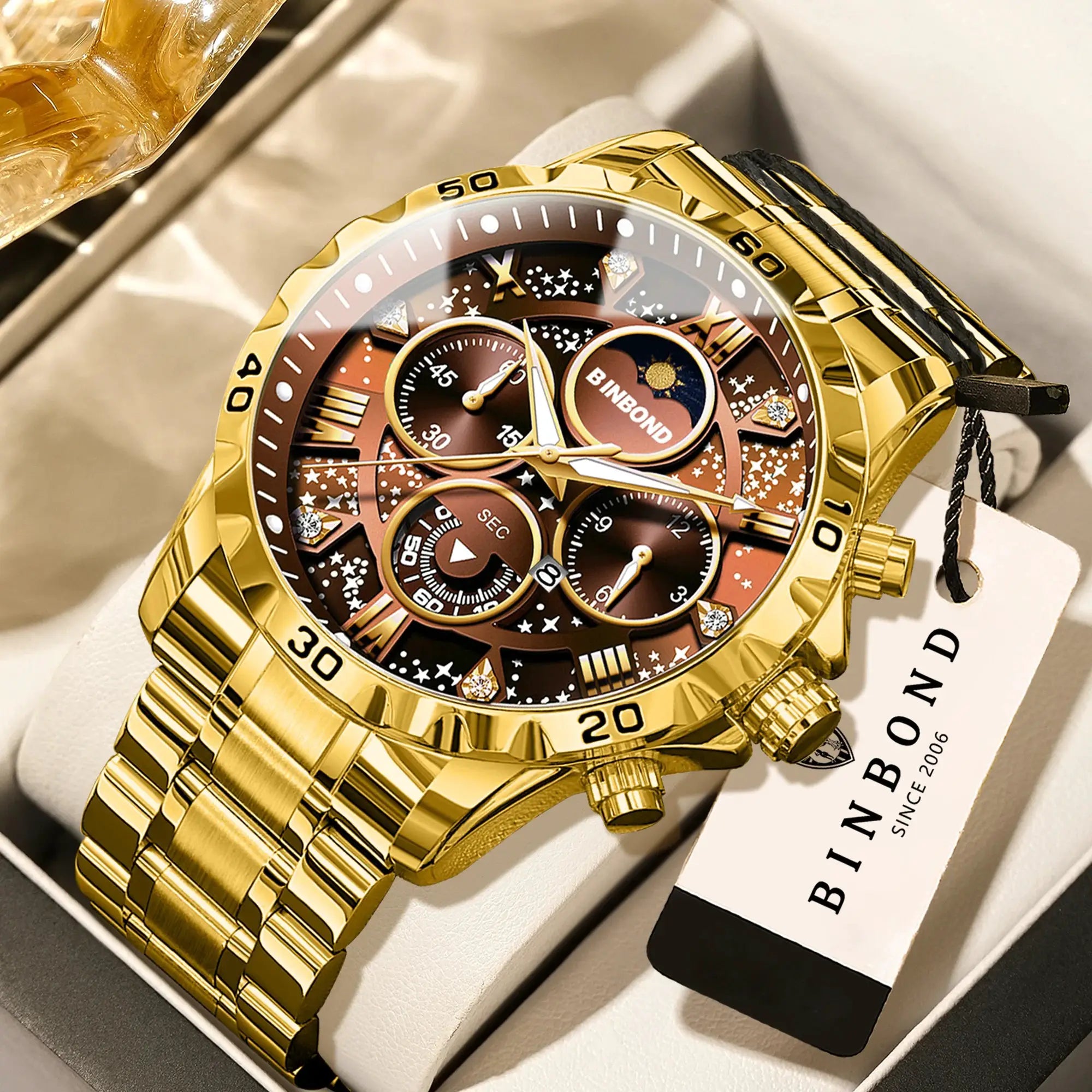 BINBOND men's gold-tone stainless steel chronograph watch with luminous dial