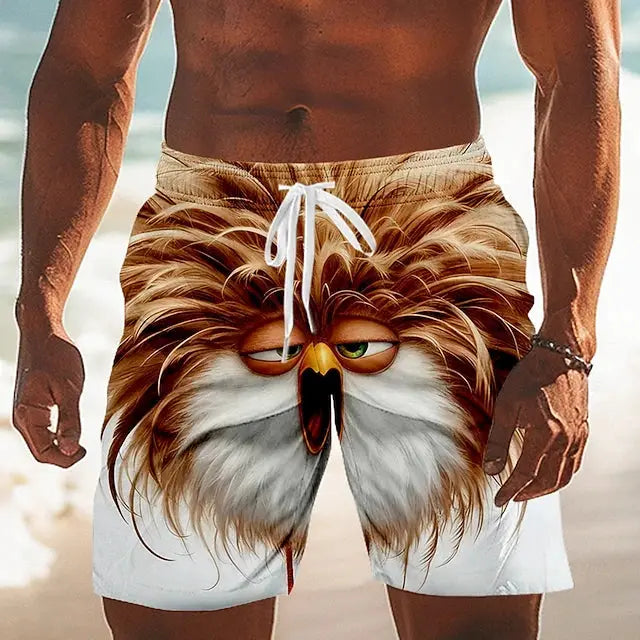 Men's beach shorts with 3D rooster print, quick-dry white fabric, drawstring waist