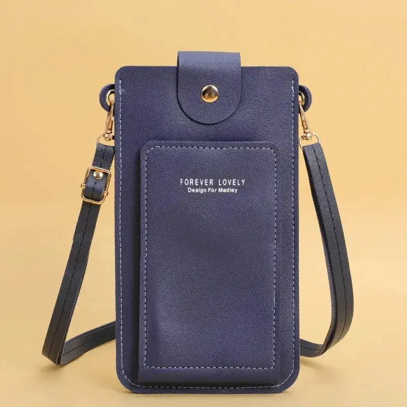 Blue soft leather crossbody wallet bag with front pocket and detachable shoulder strap