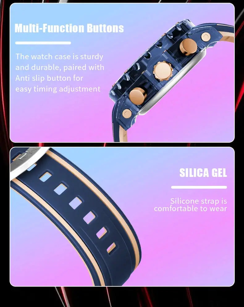 Military men's sports watch with blue silicone strap and gold-tone accents; 50m water resistant, LED light, stopwatch.