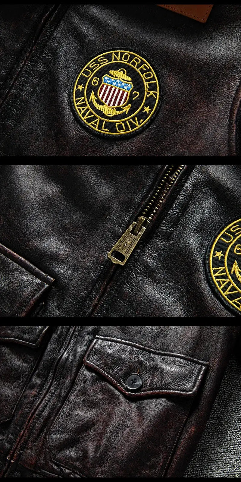 Leather bomber jacket in brown cowhide with gold zipper and circular patch.