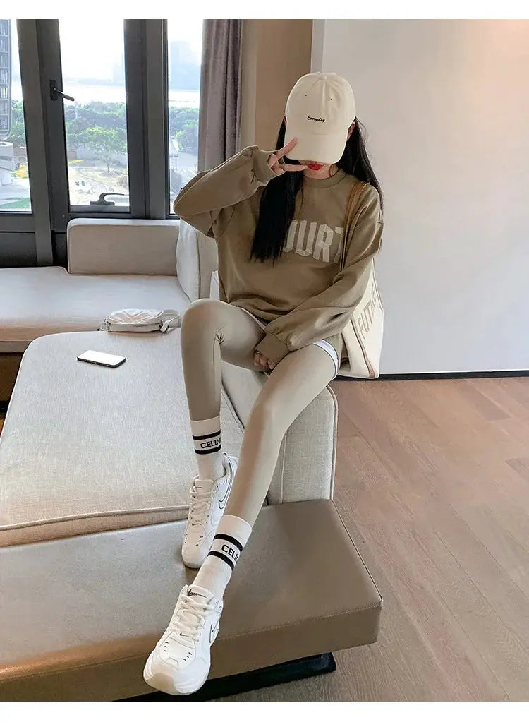 BIVIGAOS beige brushed high-waist seamless leggings for women, Simples Market