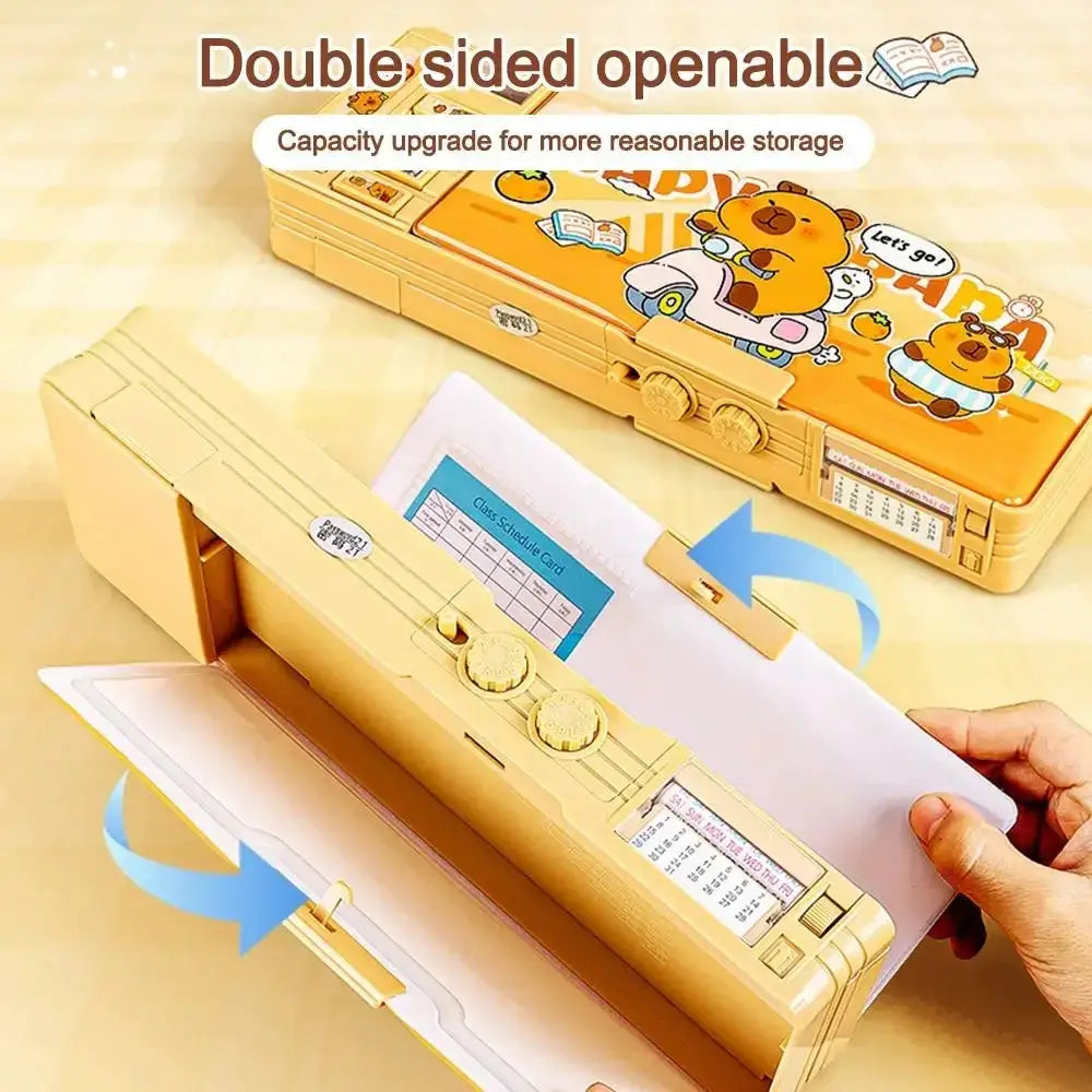 Capibara pen case in yellow ABS plastic with double-sided opening; colorful cute pencil holder for office or school