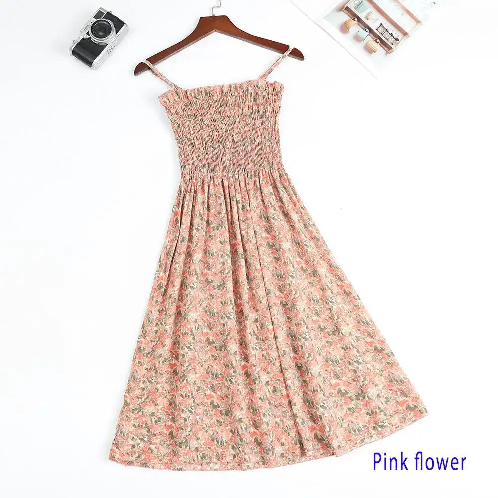Summer Chiffon Camisole Dress For Women Elastic Waist Spaghetti Straps