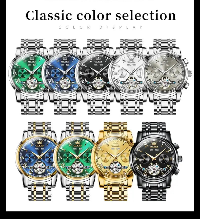 OLEVS automatic skeleton watches; 10 stainless-steel bracelet timepieces in green, blue, black, white, gray, and gold.