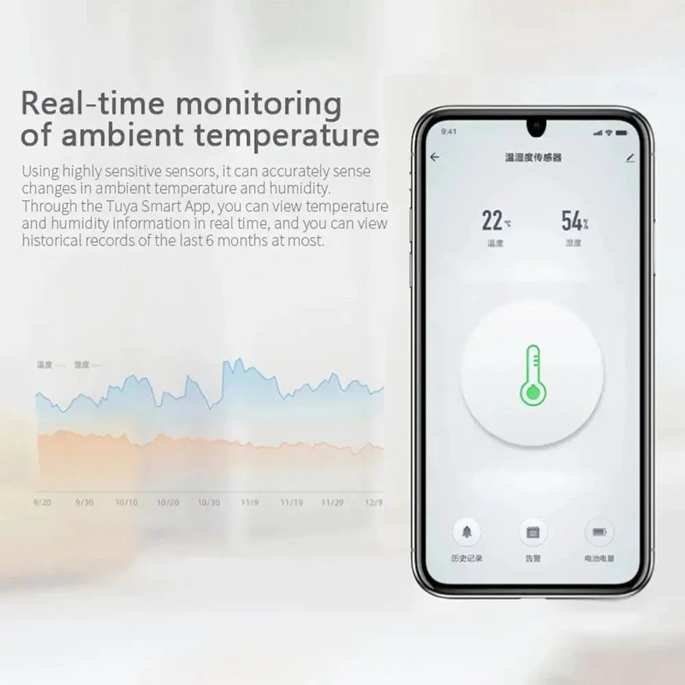 Tuya Zigbee temperature and humidity sensor by Simples Market; app shows real-time ambient temp 22°C and humidity 54%