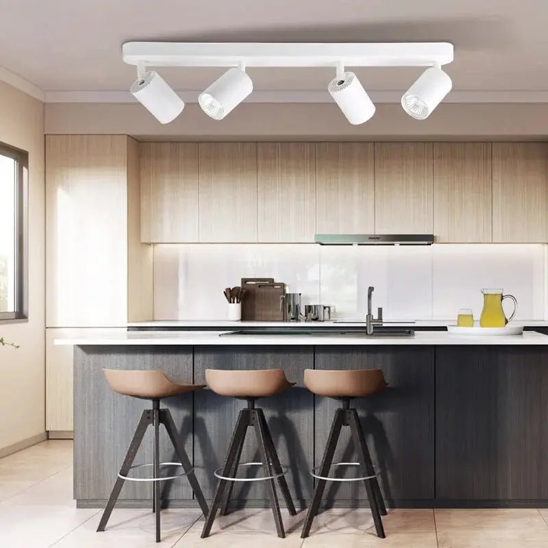 Simples Market GU10 LED spotlight ceiling light bar with four adjustable heads, white finish for kitchen island.